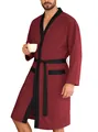 Peignoir long bordeaux confortable pour homme avec bordures noires et ceinture - Bordeaux