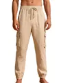 Pantaloni cargo da uomo in lino beige con coulisse in vita e tasche multiple per estate - Taglia S / Pantaloni e gonne / Albicocca
