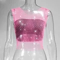 Detail view of a pink fishnet mesh crop top embellished with sparkling silver rhinestones. - XS / Top (V-Neck) / Pink