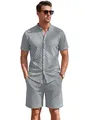 Elegante completo uomo due pezzi con camicia grigia a nido d'ape e shorts abbinati - Taglia S / Parte Superiore e Parte Inferiore / Grigio chiaro
