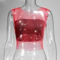 Detailed close-up of a sexy red fishnet mesh tank top decorated with sparkling rhinestones. - XS / Top (V-Neck) / Red
