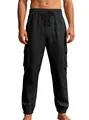 Pantaloni cargo in lino nero da uomo con coulisse in vita e tasche laterali con patta. - Taglia S / Pantaloni e gonne / Nero