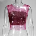 Close-up view of a sexy pink mesh tank top featuring sparkling rhinestone details - XS / Top (V-Neck) / Dark Rose Red