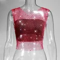 Detail view of sexy red fishnet crop top with sparkling rhinestone embellishments - XS / Tops / Rose Red