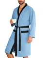 Peignoir homme bleu clair en jacquard doux avec bordures noires et ceinture à nouer - Bleu ciel