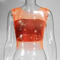 Detailed view of sexy orange fishnet mesh top featuring sparkling rhinestones for nightclub wear - XS / Top (V-Neck) / Neon Orange