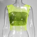 Detailed view of neon green fishnet mesh tank top decorated with sparkling rhinestones - XS / Top (V-Neck) / Fluorescent Green