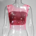 Detailed close-up of the pink fishnet mesh top featuring shimmering rhinestones decorations - XS / Top (V-Neck) / Fluorescent Rose Red