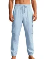 Pantaloni cargo in lino azzurro da uomo con coulisse in vita e tasche laterali capienti - Blu