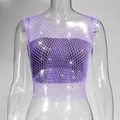 Detailed view of purple fishnet mesh vest top with sparkling rhinestone details - XS / Top (V-Neck) / Purple