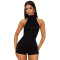 Elegant black sleeveless halter neck bodycon romper with high neck detail for women - S / Tops / Black