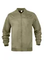 Close-up of olive green faux suede bomber jacket with front zipper and ribbed collar - S / Tops / Army Green