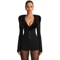 Sexy slim fit long sleeve romper with elegant black faux fur collar for party wear. - S / Top And Bottom / Black