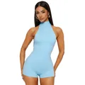 Sleek light blue halter neck sleeveless romper with slim fit design and open back detail - S / Tops / Blue