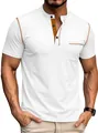 Polo bianca da uomo con collo Henley, abbottonatura marrone e taschino sul petto - Taglia S / Top / Bianco