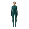 Close-up detail of a sexy dark green snake print long-sleeve footed jumpsuit for women. - S / Green