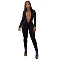 Mono negro sexy de manga larga con escote en V profundo y ajuste ceñido para mujer - S / Top Y Pantalón / Negro