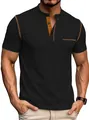 Maglia Henley nera da uomo a maniche corte con cuciture a contrasto marroni e taschino sul petto - Taglia S / Top / Nero