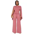 Elegante completo rosa con top a mantella drappeggiato e pantaloni ampi a vita alta. - Taglia S / Top E Pantaloni / Rosa