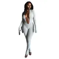 Mono sexy gris claro con cuello en V profundo y manga larga para mujer de moda - S / Top Y Pantalón / Gris