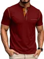 Men's burgundy short sleeve Henley polo shirt with contrast stitching and chest pocket. - S / Tops / Burgundy