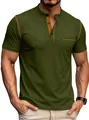 Men's olive green slim fit Henley Polo shirt with contrast brown stitching details. - S / Tops / Army Green