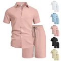 Set estivo da uomo rosa con camicia a maniche corte e pantaloncini in tessuto a costine - Taglia S / Top e Bottom (YN-7719) / Rosa