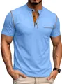 Atmungsaktives, schnelltrocknendes hellblaues Herren Henley Poloshirt mit Kontrastnähten - Seeblau
