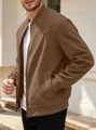 Detail view of men's brown suede bomber jacket with zip front and stand collar - Camel