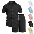 Set estivo da uomo in nero con camicia e pantaloncini in tessuto con texture a grinze - Taglia S / Top e Bottom (YN-7719) / Nero