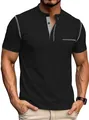 Schwarzes Henley-Shirt für Herren mit weißen Kontrastnähten und grauer Knopfleiste - Schwarz und Grau