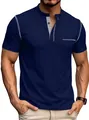 Marineblaues Kurzarm-Henley-Shirt für Herren mit Kontrastnähten und einer Brusttasche - Blaugrau