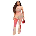 Completo due pezzi sexy in rete floreale a doppio strato con design asimmetrico traforato - Taglia S / Top E Pantaloni / Rosa