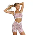 A professional model wearing a stylish two-piece floral print crop top and shorts set - S / Top And Bottom / Bright Pink
