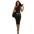 Detailansicht eines sexy zweiteiligen Sets mit schwarz-weißem Polka-Dot-Print und Mesh-Halsdetail. - S / Oberteil Und Unterteil / Schwarz