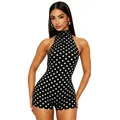 Combinaison courte à licou noire à pois blancs portée par un mannequin sur fond blanc - S / Haut et Bas / Pois Noir