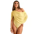Detailed close-up of a stylish yellow one-shoulder pleated bodysuit on a model - S / Top And Bottom / Yellow