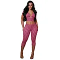 Detail view of pink polka dot 3-piece set featuring halter top and cropped leggings - S / Top And Bottom / Pink