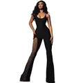 Detail view of a sexy black jumpsuit with sparkling rhinestone mesh and flared legs - S / Top And Bottom / Black