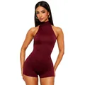 Détail d'un combishort moulant rouge foncé sexy avec col licou et dos nu pour femme. - S / Haut et Bas / Rouge
