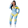 Full-body detail of women's blue and yellow color-blocked windbreaker tracksuit set. - S / Top And Bottom / Blue-Yellow