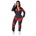 Two-piece black and red color block long sleeve windbreaker tracksuit set for women fashion - Black Red