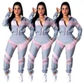 Full body view of women's two-piece color block windbreaker tracksuit in grey and pink - S / Top And Bottom / Pinkish Grey