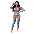 Sexy long sleeve mesh jumpsuit with realistic colorful dollar bill currency print - S / Top And Bottom / Purple