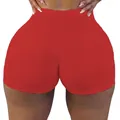 Back view of sexy high-waisted red yoga shorts for women with bodycon compression fit - S / Bottoms / Red