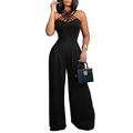 Chic black sleeveless jumpsuit with sexy criss-cross halter straps and flowing wide-leg pants - S / Top And Bottom / Black