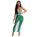 Full body view of women's sexy U-neck bodycon dress with green denim-style print - Green