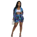 Detailed view of women's denim print long-sleeve shirt and mini skirt set. - S / Top And Bottom / Multi-color-1