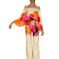 Elegant floral print satin two-piece set with off-shoulder top and wide-leg trousers - S / Top And Bottom / Rose Floral Art Print (Multicolor-5)