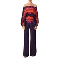 Detail view of stylish satin printed two-piece set with off-shoulder top and wide-leg pants - Deep Purple Pink Orange Wave (Navy-7)
